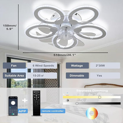 LED Ceiling Fan with Light Low Profile Ceiling Fan with Light White Flush Mount Fandelier 6 Speeds 3 Color Dimmable White Fan for Bedroom Kids Room Living Room