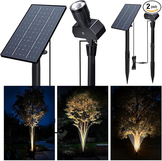 Solar Spot Lights Outdoor, Adjustable Beam Focus Uplights for Trees, Waterproof Separate Panel Bright Spotlight, LED Warm White & Daylight Selectable for House Exterior Flag 2 Pack