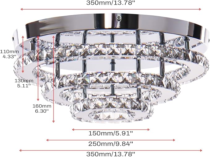 Modern Crystal Ceiling Light, 13.7" 3-Tier Round LED Flush Mount Chandelier, 42W Integrated LED, 6000K Cool White, Non-Dimmable Ceiling Lamp for Bedroom, Hallway, Entryway