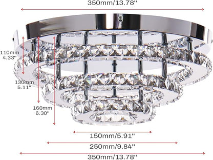 Modern Crystal Ceiling Light, 13.7" 3-Tier Round LED Flush Mount Chandelier, 42W Integrated LED, 6000K Cool White, Non-Dimmable Ceiling Lamp for Bedroom, Hallway, Entryway