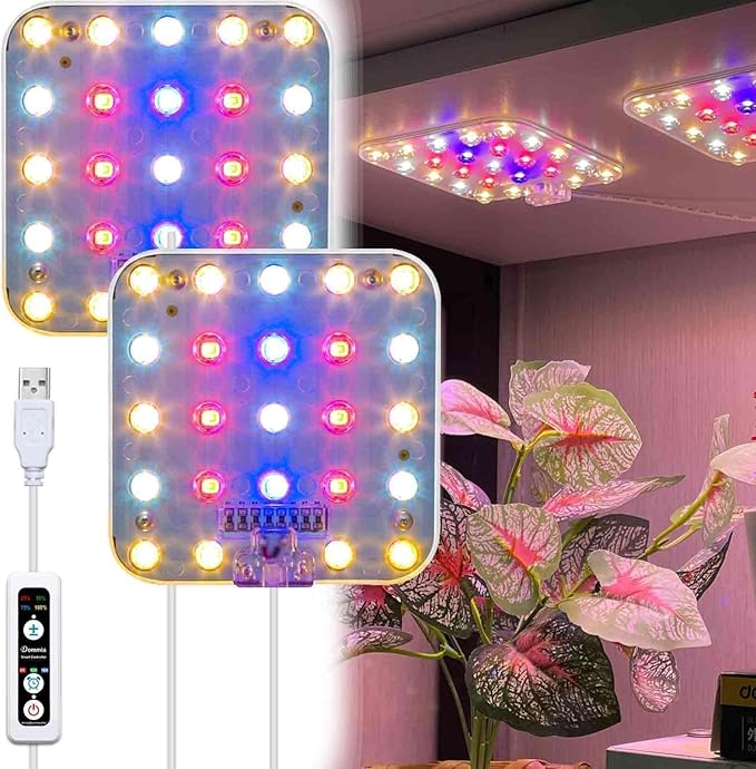 Full Spectrum LED Grow Light for Indoor Plants, 2 Panels 10W with 6/12/16h Timer Dimmable Plant Lights for Flower Veg Plant Growth USB, Pinkish White, 1-Pack