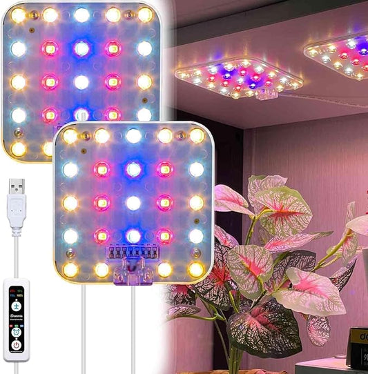 Full Spectrum LED Grow Light for Indoor Plants, 2 Panels 10W with 6/12/16h Timer Dimmable Plant Lights for Flower Veg Plant Growth USB, Pinkish White, 1-Pack