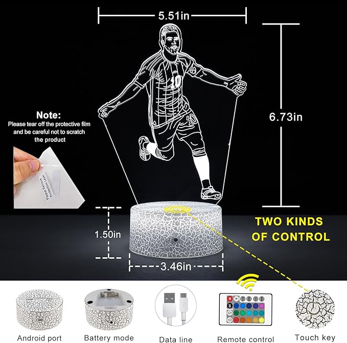 Argentina Soccer Player #10 3D Illsuion Lamp for Boys,with Remote & Smart Touch, Dimmable lamp，Football Fans for Children's Room Decoration，Christmas Gifts (01)
