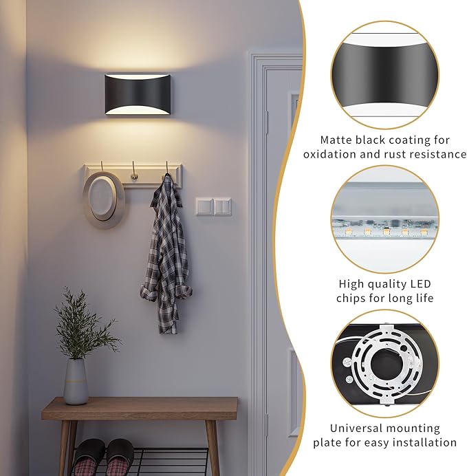 Black Modern LED Wall Sconce, 3 Colors Indoor Wall Lights, 10W Hardwired Up and Down Aluminum Wall Mount Lamp for Bedroom Living Room Hallway Corridor (Black, 4 Pack)