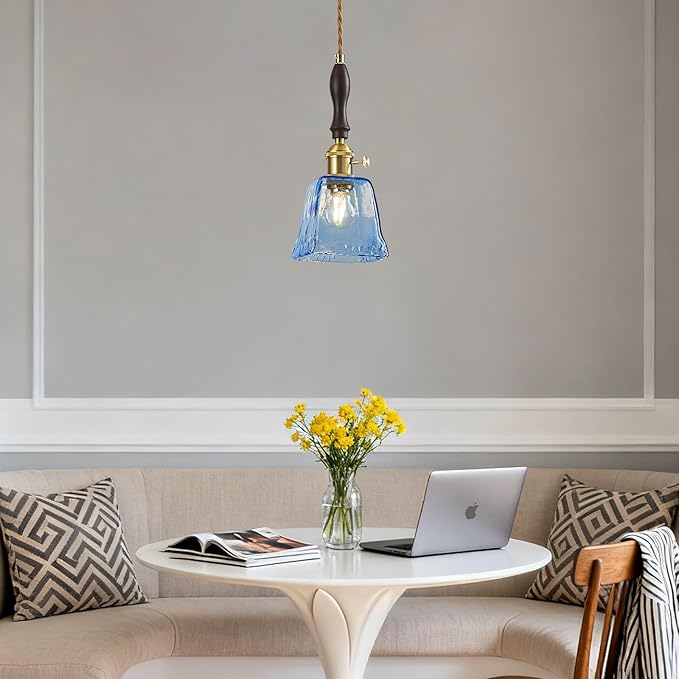 Blue Glass Vintage Pendant Light Height Adjustable Handmade Glass Pendant Lights Kitchen Island Gold Hanging Light Fixture with Wood Handle for Bedroom Dining Room Hotel (3 Pack)