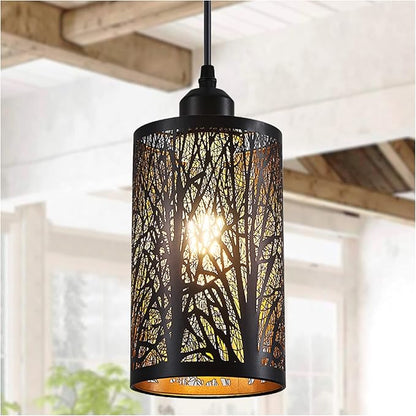 Industrial Black Pendant Light Fixture Vintage Farmhouse Mini Black Gold Pendant Lighting Rustic Hollow-Carved Cylinder Pendant Light for Kitchen Island, Dining Room, Bedroom