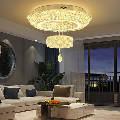Led 24'' Gold Ring Crystal Chandelier,Modern Luxury 2-Tier Crystal Raindrop Chandeliers Lighting for Dining Living Room LED Dimmable 3000-6000K