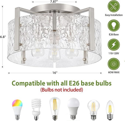4-Light Modern Semi Flush Mount Ceiling Light Silver, 16'' Entryway Light Fixture, Glass Ceiling Mount with Hammer Glass for Passage Aisle Kitchen Island Dining Room Living Room Lighting Fixtures