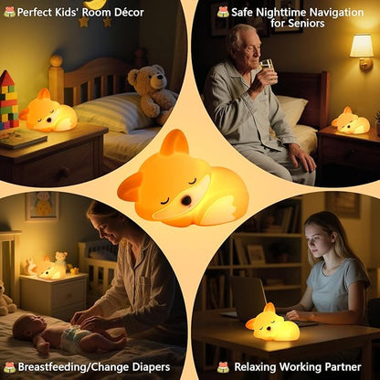 YR YRHH-PET Cute Fox Lamp, Silicone Rechargeable Dimmable Night Light for Kids, Baby Nursery Nightlight, Woodland Animal Decor, White Elephant Gifts, Touch Light Up, Safe BPA-Free, Orange