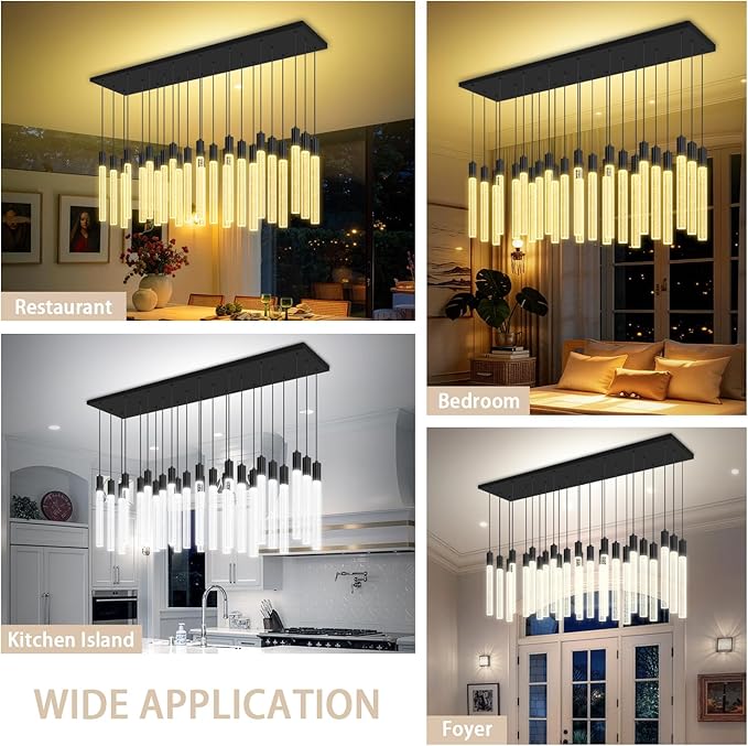 24-Light Rectangular Crystal Chandelier, Large Black Bubble Crystal Column Pendant Light, Adjustable Height Hanging Chandeliers for Kitchen Island, Living Room, Foyer