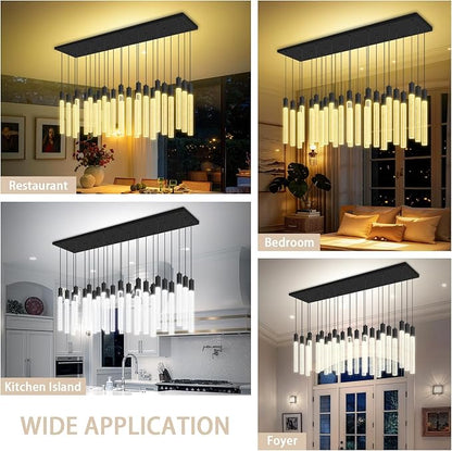 24-Light Rectangular Crystal Chandelier, Large Black Bubble Crystal Column Pendant Light, Adjustable Height Hanging Chandeliers for Kitchen Island, Living Room, Foyer