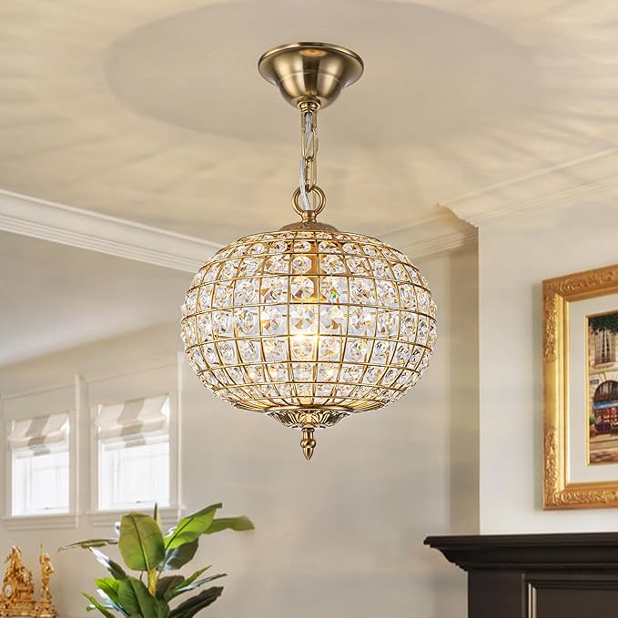 12" Globe Crystal Chandelier, Farmhouse Round Gold Crystal Pendant Light 1-Light Antique Foyer Chandelier for Dining Room Living Room Hallway Entryway