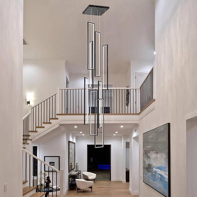 GEADI Foyer Chandelier for High Ceilings, 8-Light Modern Dimmable LED High Ceiling Pendant Light Fixture with Remote Control, Black Large Chandelier for Entryway, 3000-6500K