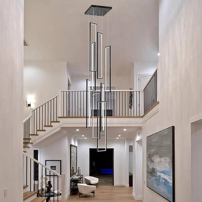 GEADI Foyer Chandelier for High Ceilings, 8-Light Modern Dimmable LED High Ceiling Pendant Light Fixture with Remote Control, Black Large Chandelier for Entryway, 3000-6500K
