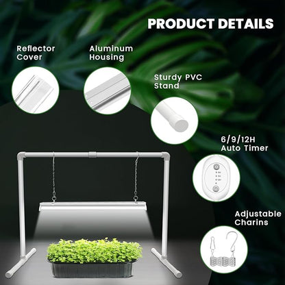 Wolezek Grow Lights for Seed Starting with 6/9/12H Timer, 2ft T5 144 LEDs Full Spectrum Grow Light Seedling with Stand for Indoor Plants, 32W High Output Seed Starter Light Kit, Height Adjustable