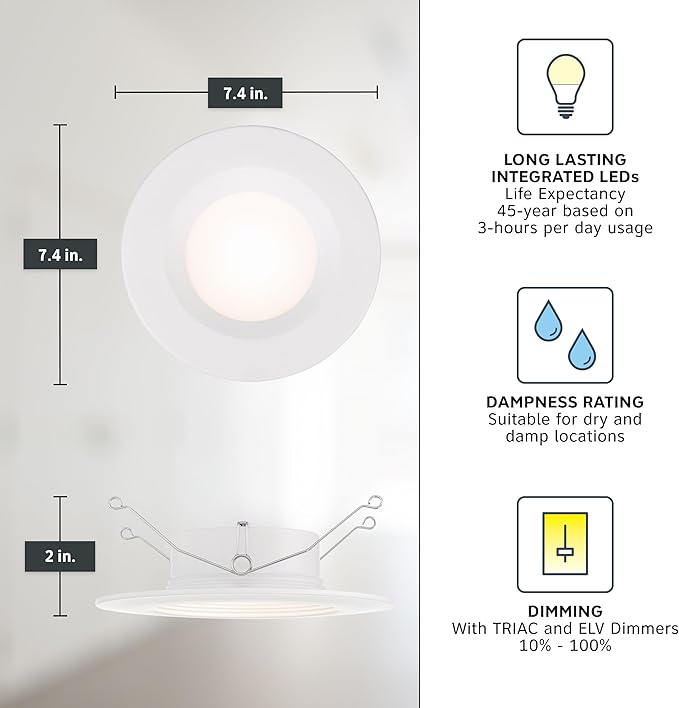 Designers Fountain LED Recessed Ceiling Lights 12 Pack, 5/6 Inch 5CCT Metal Light Fixture Set, Dimmable, 1050 Lumens, 2700K/3000K/3500K/4000K/5000K, White Trim, RB6WH9105C12