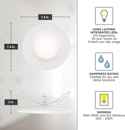 Designers Fountain LED Recessed Ceiling Lights 6 Pack, 5/6 Inch 5CCT Metal Lighting Fixture, Dimmable, 1000 Lumens, 2700K/3000K/3500K/4000K/5000K, White Baffle Trim, EVL61093T50WH-6