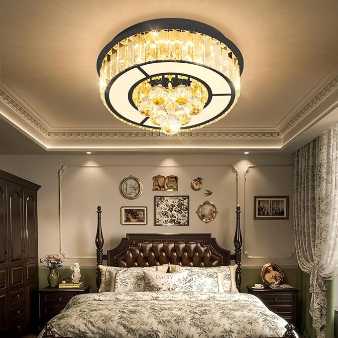 11.8" Black Modern Crystal Chandeliers for Dining Room LED Dimmable Light Fixtures Flush Mount Light Living Room Bedrooms