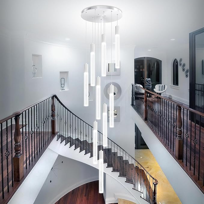 9-Light Silver High Ceiling Crystal Staircase Chandelier, Modern Spiral Raindrop Crystal Column Bubble Dimmable LED Cluster Hanging Chandeliers for Foyer Living Room Entrance