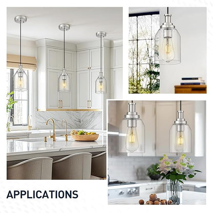 zeyu Modern Pendant Light 2 Pack, Hanging Ceiling Light Fixture for Dining Room Bedroom, Brushed Nickel Pendant Lighting with Clear Glass Shade, ZG33M1L-2 BN