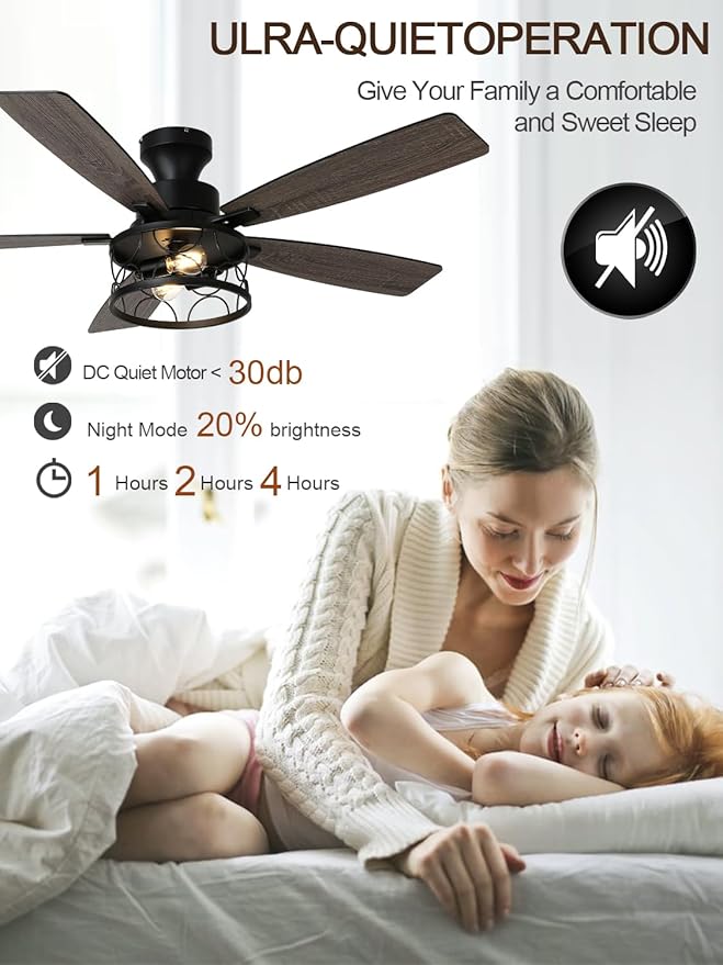 52 Inch Farmhouse Ceiling Fan with Lights Remote Modern Caged Chandelier Fan Rustic Fandelier, 5 Dual Blades, Reversible Quiet DC Motor 6 Speeds for Bedroom Patio (Metal Caged)