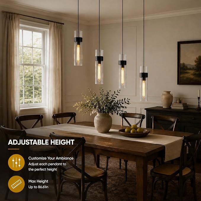 Modern Glass Black Pendant Lights Kitchen Island, Adjustable Cord Pendant Light Fixtures,Kitchen Pendant Lighting Over Island,Indoor Chandeliers for Bedroom Bathroom, Included Bulb