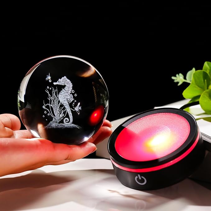 YWHL 3D Seahorse Crystal Ball Figurine with LED Base, Seahorse Gifts for Women Men on Christmas Birthday, Glass Sea Horse Decor Globe Night Light for Home Office (80mm)