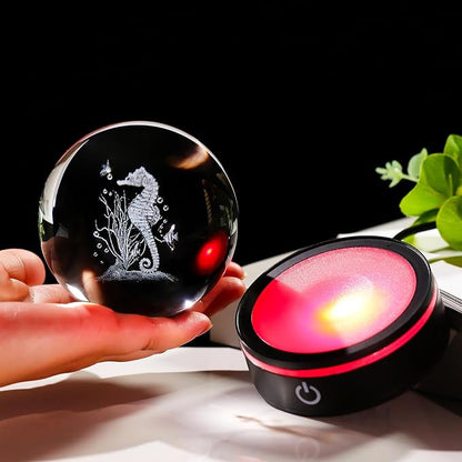 YWHL 3D Seahorse Crystal Ball Figurine with LED Base, Seahorse Gifts for Women Men on Christmas Birthday, Glass Sea Horse Decor Globe Night Light for Home Office (80mm)