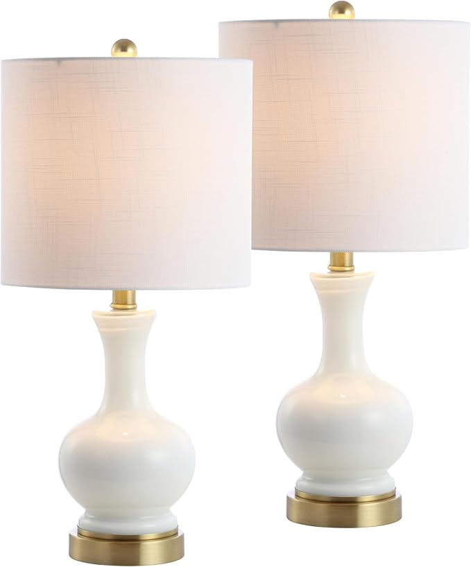 JONATHAN Y 22" White Modern Glass Table Lamp Set of 2, Brass Gold Bedside Lamp with White Linen Shade for Bedroom Living Room, LED Bulbs Included JYL4033A-SET2