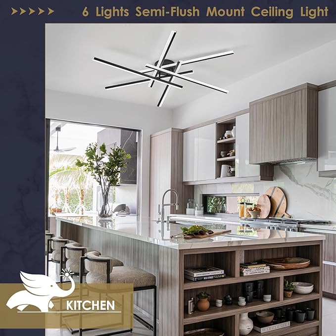 Modern LED Chandelier with Remote Control, 6-Lights Black Semi-Flush Mount Ceiling Lighting Fixture for Living Room, Bedroom, Dining Room 60W