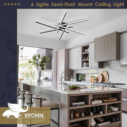 Modern LED Chandelier with Remote Control, 6-Lights Black Semi-Flush Mount Ceiling Lighting Fixture for Living Room, Bedroom, Dining Room 60W