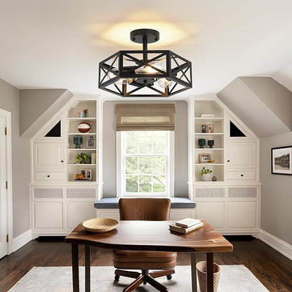 Farmhouse Light Fixtures Ceiling Mount, 3-Light Black Semi Flush Mount Ceiling Light Fixture, Close to Ceiling Hallway Lights, Industrial Rustic Ceiling Lights for Bathroom, Entryway, Kitchen