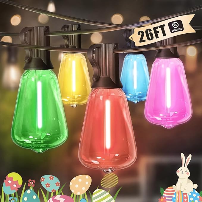 LAMPHOME 2-Pack 26FT ST38 Outdoor String Lights, Multicolor Shatterproof Edison LED Patio Lights, Connectable Waterproof Hanging Lights for Easter, Outside Bistro, Patio & Party Decorations