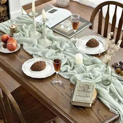 Artoid Mode Boho Sage Green Gauze 6 Pieces Wedding Table Runner, 120 Inch Seasonal Fabric Kitchen Dining Holiday Table Decor for Home Party Indoor