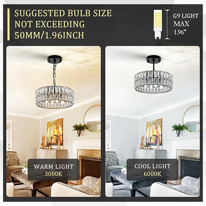 Crystal Pendant Light 4-Light Modern Black Chandelier Small 12” Crystal Semi Flush Mount Ceiling Light Round for Kitchen Island Foyer Hallway