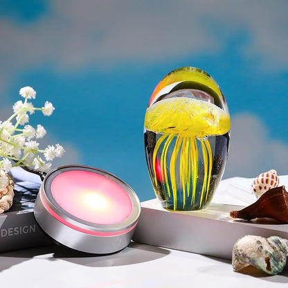 Handmade Jellyfish Lamp – Crystal Glass Figurine Colorful LED Night Light, Ocean-Themed Desk Decor, Aquarium & Beach Room Decor – Gifts for Women Nature Lovers (Yellow)