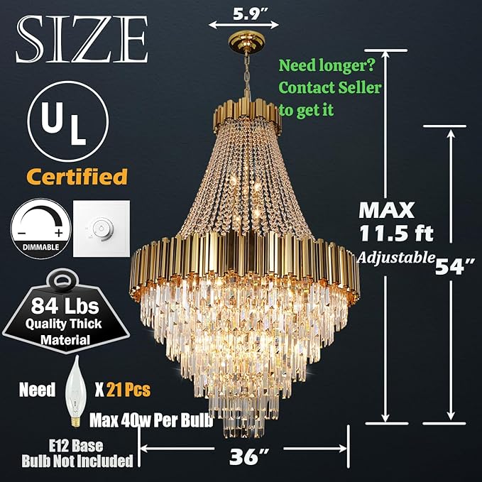 Crystal Chandeliers Modern Chandelier High Ceiling Foyer Entryway 21 Lights Gold Luxury Pendant Hanging Light Fixture for Living Room Entry Way Extra Large Vertical Tiered 36'' D x 54'' H