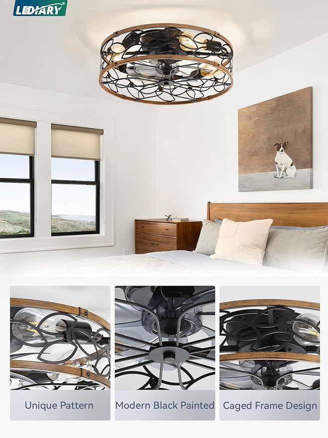LEDIARY 20 Inch Caged Ceiling Fans with Lights, Farmhouse Flush Mount Ceiling Fan with Remote, Black&Walnut Low Profile Ceiling Fan Light Fixture for Bedroom, Kitchen, Dining Room