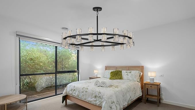 36 Inch Black Crystal Wagon Wheel Chandelier, Modern Farmhouse Round 36-Lights Pendant Lighting Fixture, for High Ceilings Living Room, Bedroom, Foyer