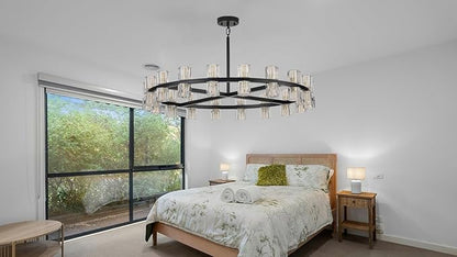 36 Inch Black Crystal Wagon Wheel Chandelier, Modern Farmhouse Round 36-Lights Pendant Lighting Fixture, for High Ceilings Living Room, Bedroom, Foyer