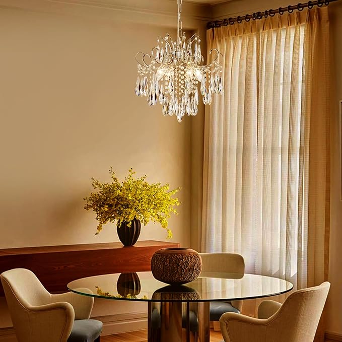 Modern Crystal Chandelier Ceiling Light Fixture, 4-Light Pendant Ceiling Hanging Lamp for Dining Living Room Bedroom Kitchen, 16" Chrome Chandelier