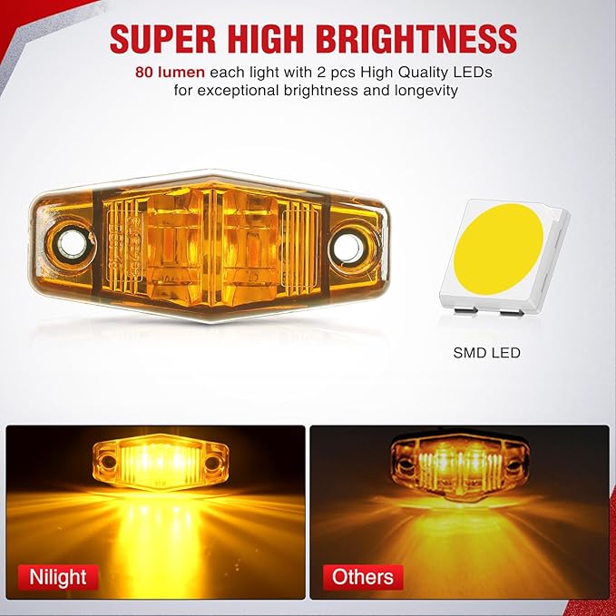 Nilight 2.5 Inch Oval Side Marker Clearance Light 2 LED 8 Pack Amber 80LM High Lumen Waterproof Surface Mount 12V Direct Wire for Truck Trailer Boat RV Semi