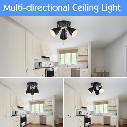 KEESFU 3 Light Ceiling Light with Pull Chain,Adjustable Directional Ceiling Track Light,Industrial Pull Chain Light Fixtures for Bedroom Hallway Closet.