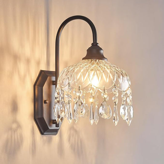 1-Pack Vintage Wall Sconce,Glass Crystal Wall Sconce,Matte Brushed Antique Black Finish for Bedroom Bathroom Hallway Living Room Decor