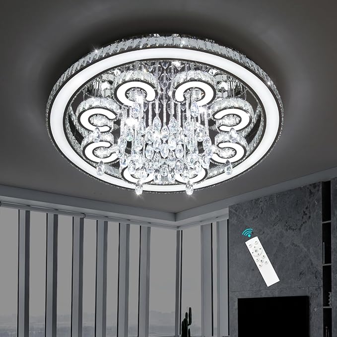 HAIXIANG Modern Chandelier LED Glam Living Room Crystal Light Interior Luxury High Ceiling Chandeliers Remote Dimmable Lights Fixture 40 Inches Silver