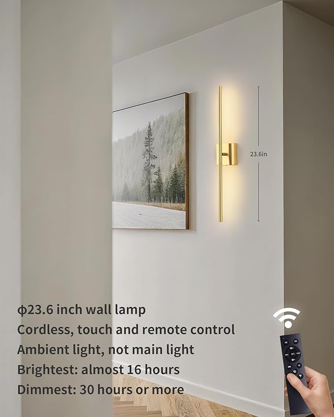 KDG Cordless Wall Sconces with Remote Control, Wireless 5200mAh Rechargeable Battery Operated LED Wall Lamps, 360° Rotate Lightings for Wall Painting, Bedroom, Hallway, Night Light 23.6 inch (Gold)