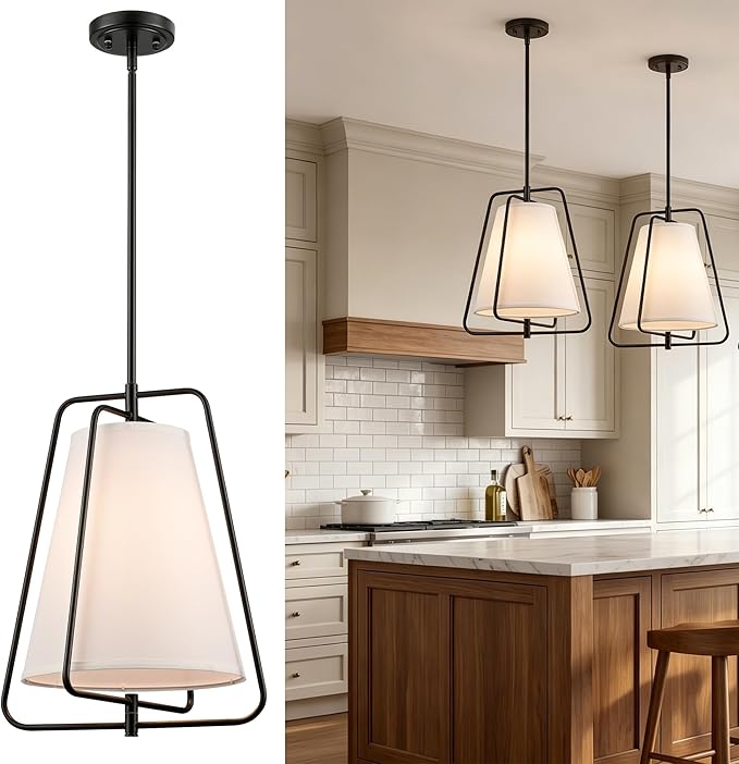 HYDELITE Vintage Black Pendant Light with 15" Off-White Linen Fabric Shade Adjustable Height Chandelier with Metal Frame for Kitchen Island Bedroom Dining Room Living Room