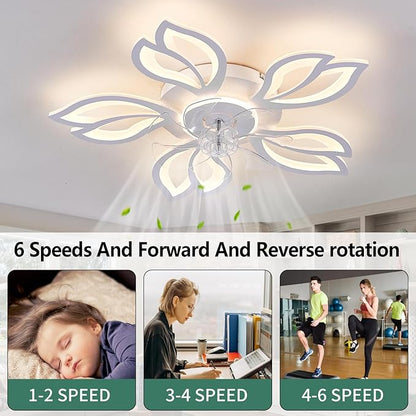Modern Ceiling Fans with Lights, Low Profile Ceiling Fan with Remote for Bedroom, Flush Mount Ceiling Fan with LED Dimmable Light,3-Colors, 6-Speeds, Timing CeilingFan Light-White Leaves