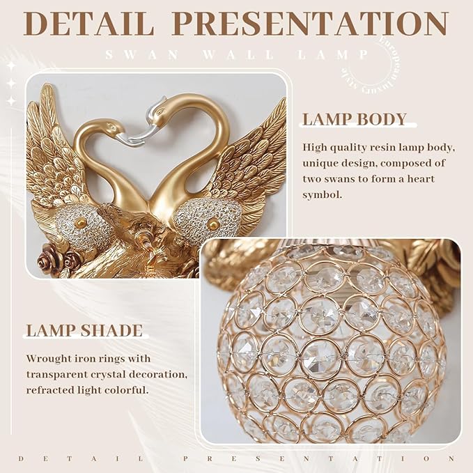 Gold Swan Wall Sconce, Modern Luxury Crystal Wall Lamp, Decorative Wall Lighting for Bedroom Living Room Hallway, Romantic Heart Shaped Wall Mounted Light Fixture, Resin Animal Wall Art Decor