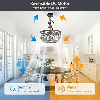 Garwarm 21 inch Ceiling Fans with Lights,Black Industrial Caged Flush Mount Ceiling Fans with Remote,Rustic Chandelier Ceiling Fan for Dining Room Bedroon Kitchen, 6 Speed Timing